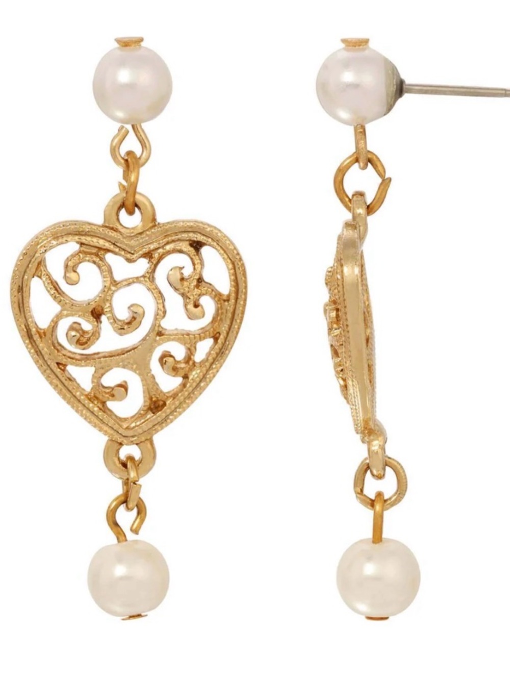 NWT 14K Gold  Filigree Heart Dangle And Faux Pearl Post Dangle Teardrop Earrings